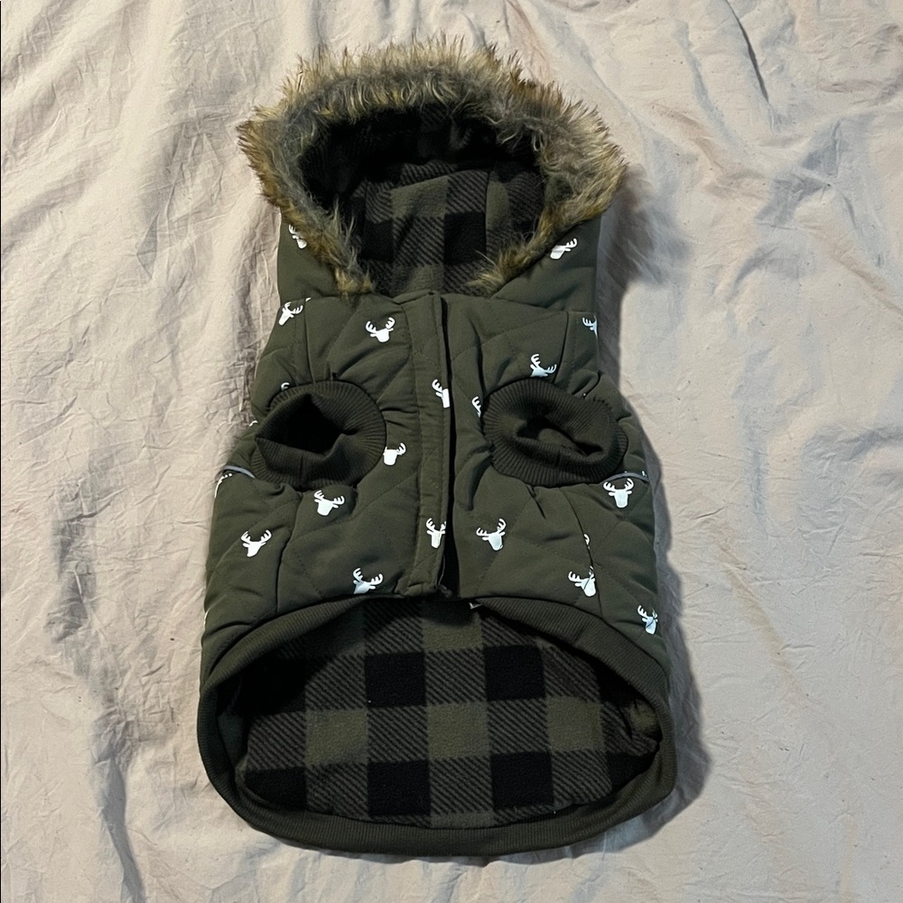 Green plaid moose dog parka